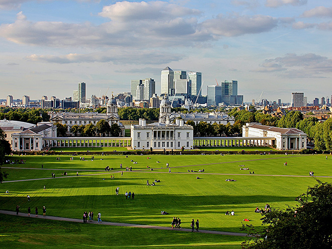 Výhled od Královské observatoře na Royal Naval College