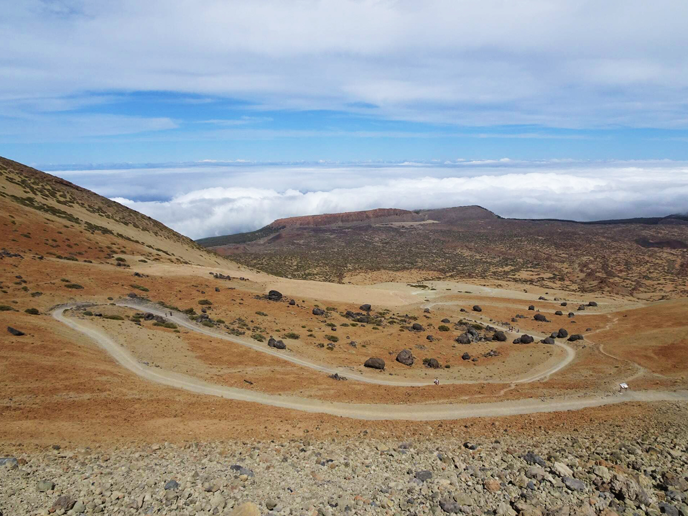 Závěrečný sestup po úpatí Pico del Teide mezi rozesetými lávovými huevos